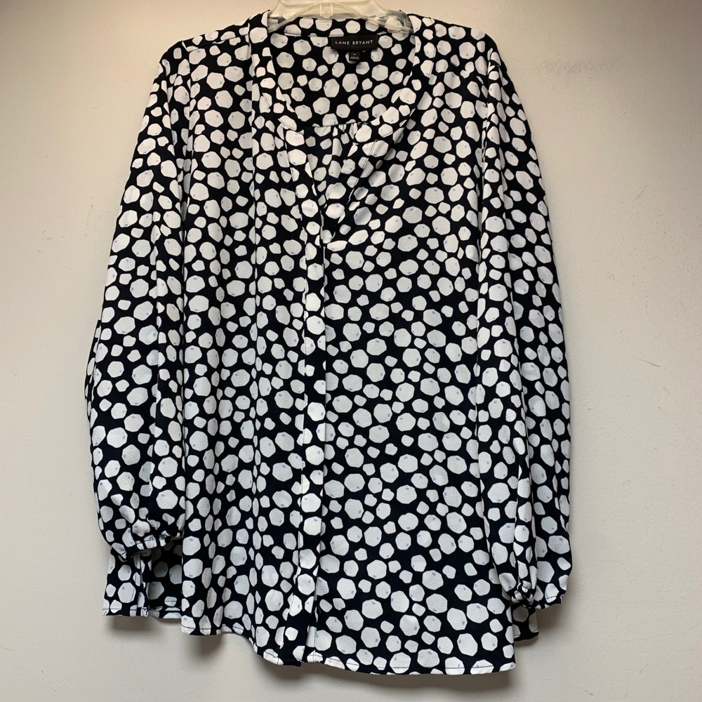 Lane Bryant Blouse Women 16 Blue White Excellent Polka Dot V-Neck Long Sleeve